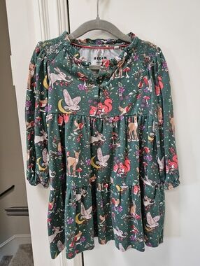 Boden Dark Green Woodland Animal Tiered Girls' Dress